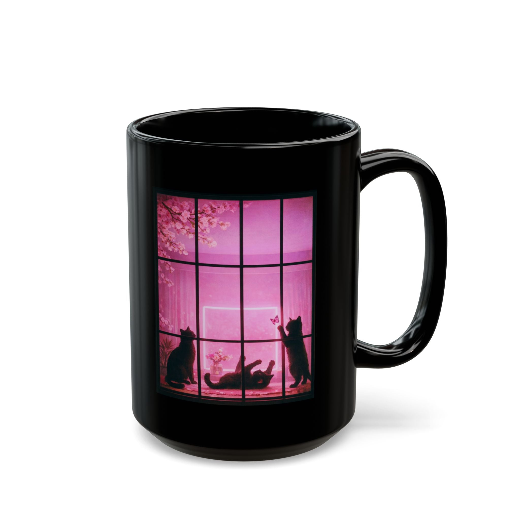 Black Cat Pink Window Coffee Mug
