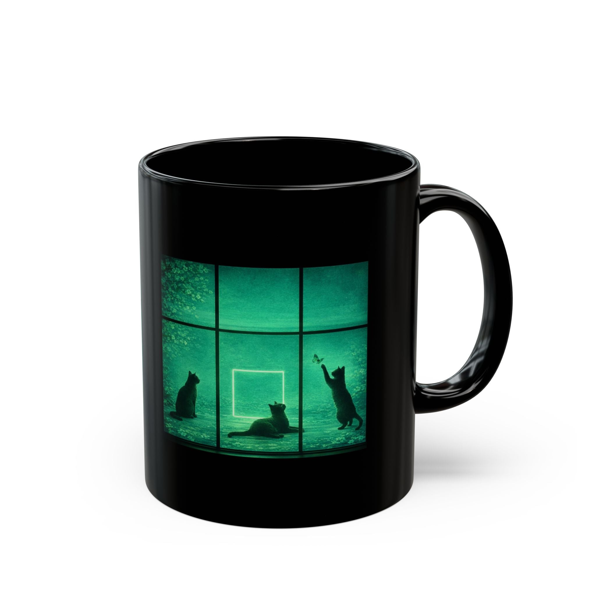 Black Cat Green Window Scene Mug
