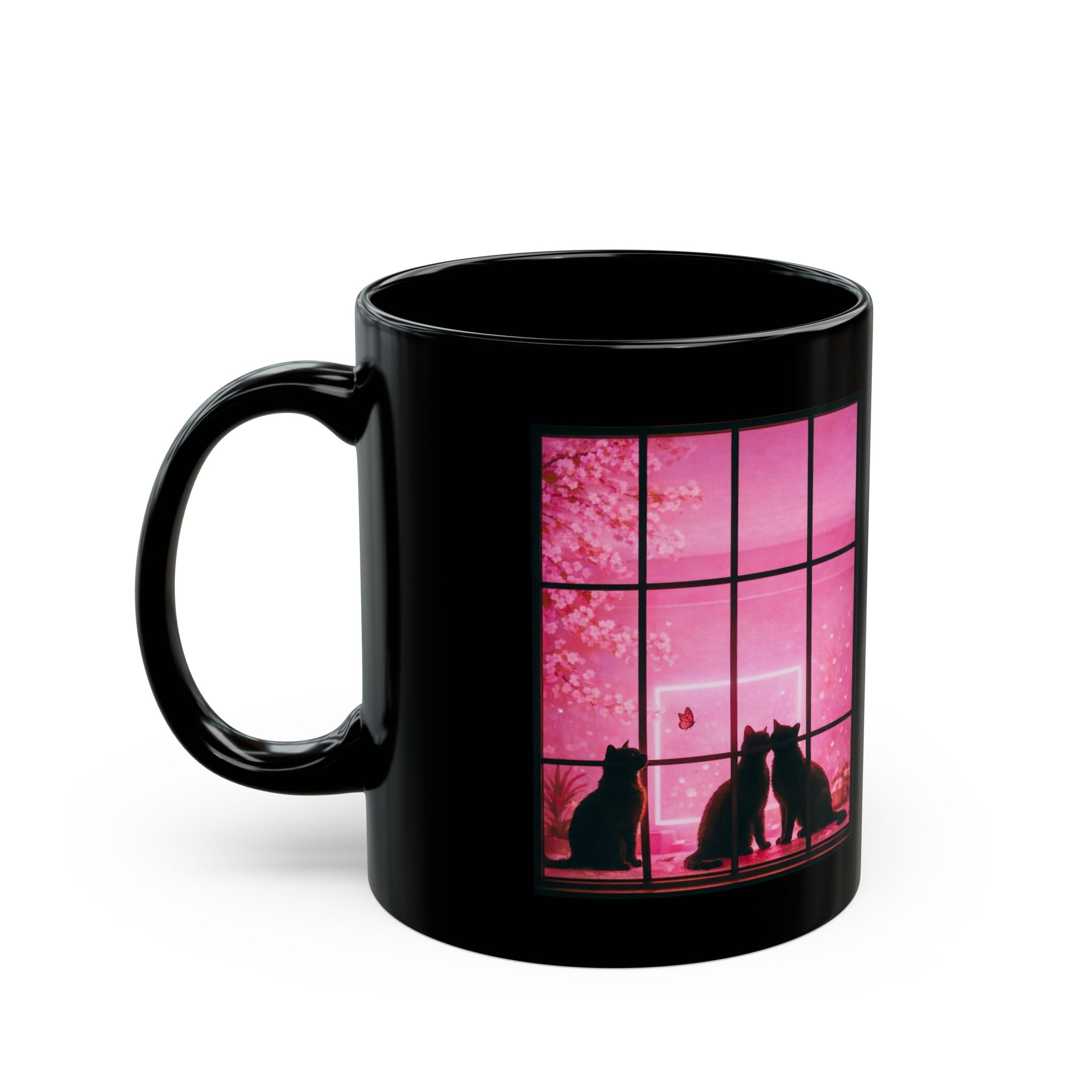 Black Cat Pink Window Coffee Mug
