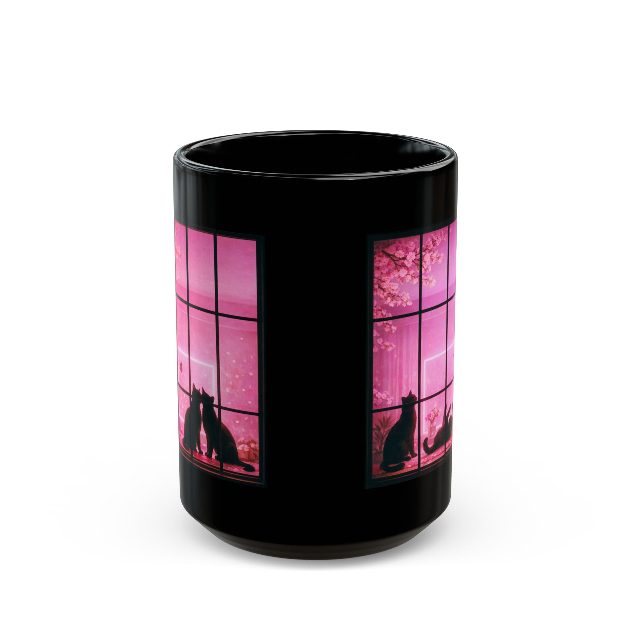 Black Cat Pink Window Coffee Mug