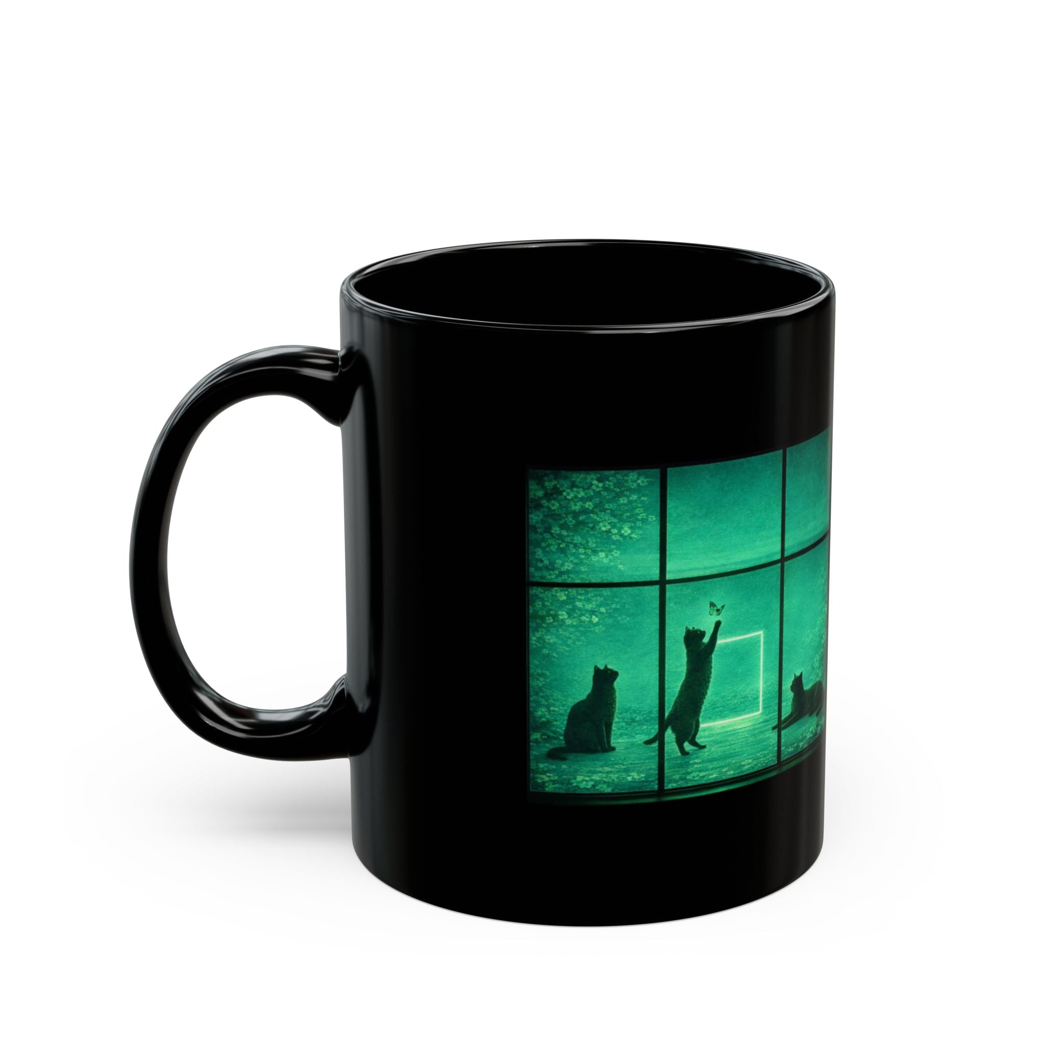 Black Cat Green Window Scene Mug