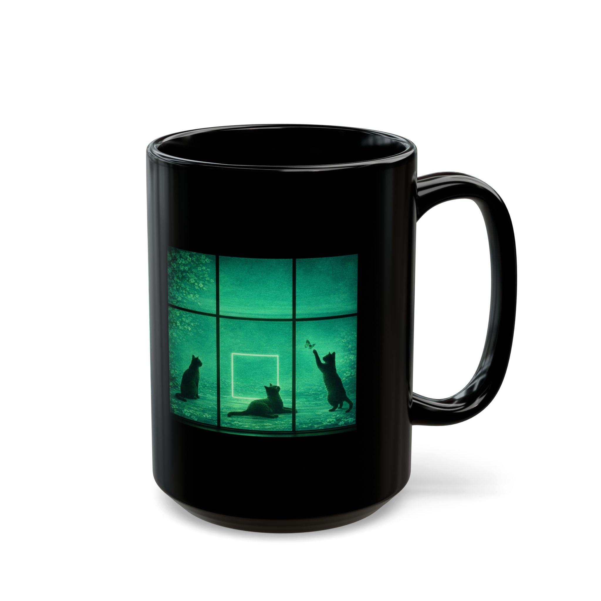 Black Cat Green Window Scene Mug