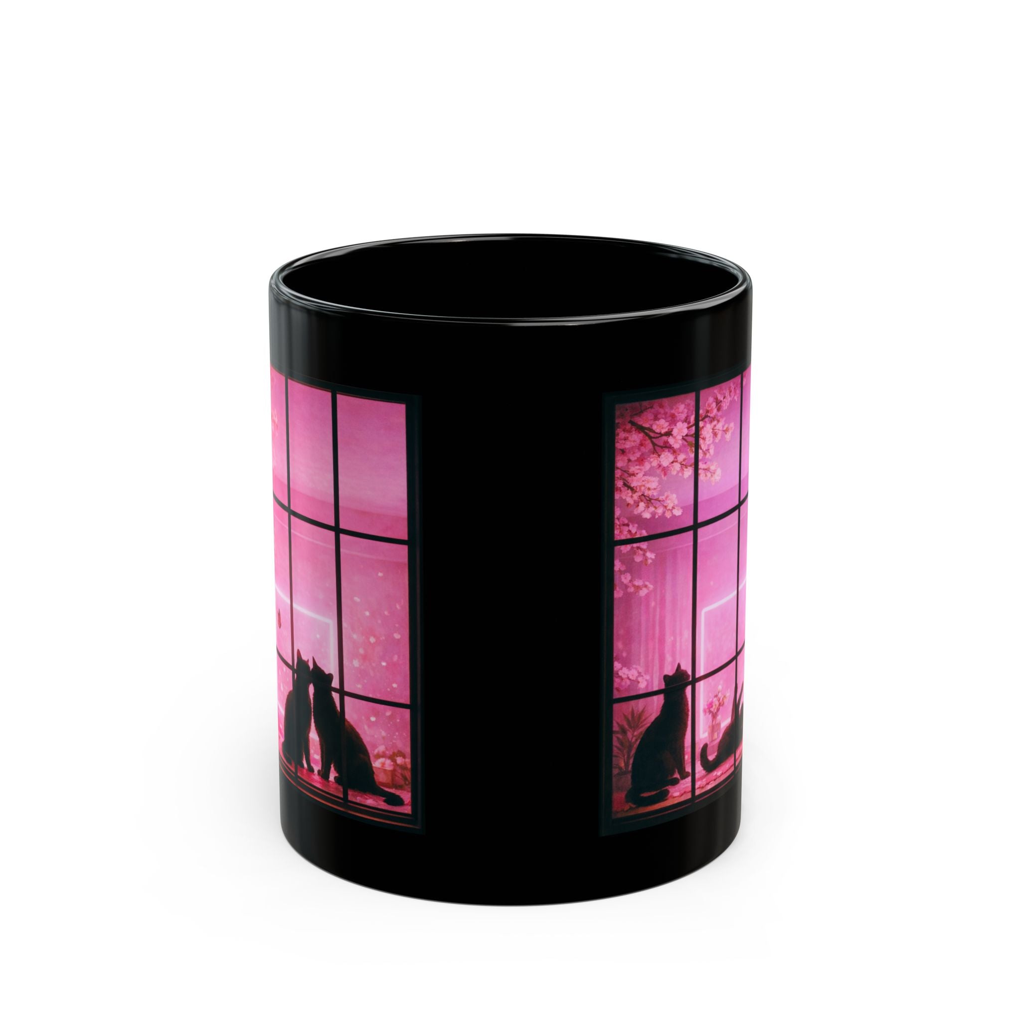 Black Cat Pink Window Coffee Mug
