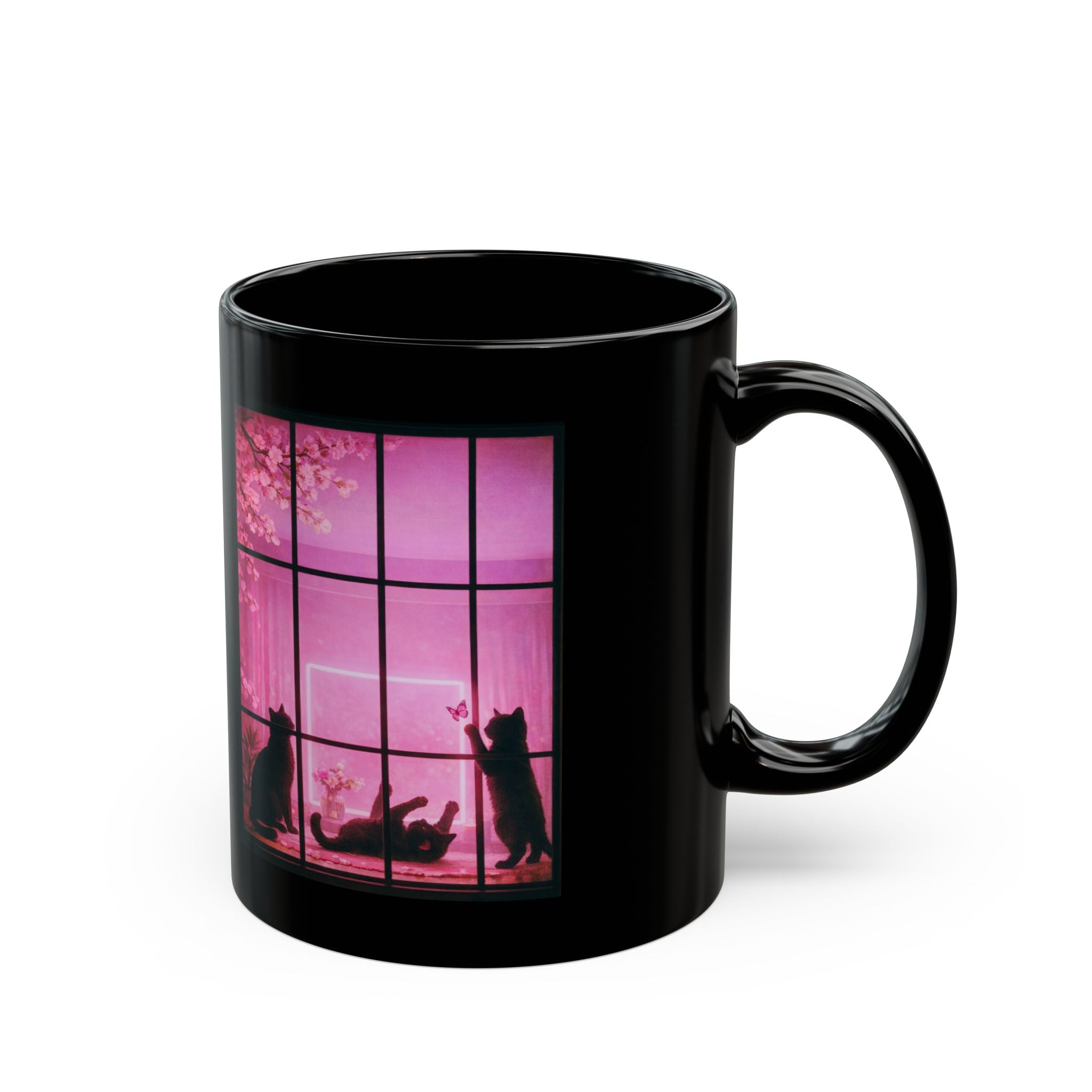 Black Cat Pink Window Coffee Mug