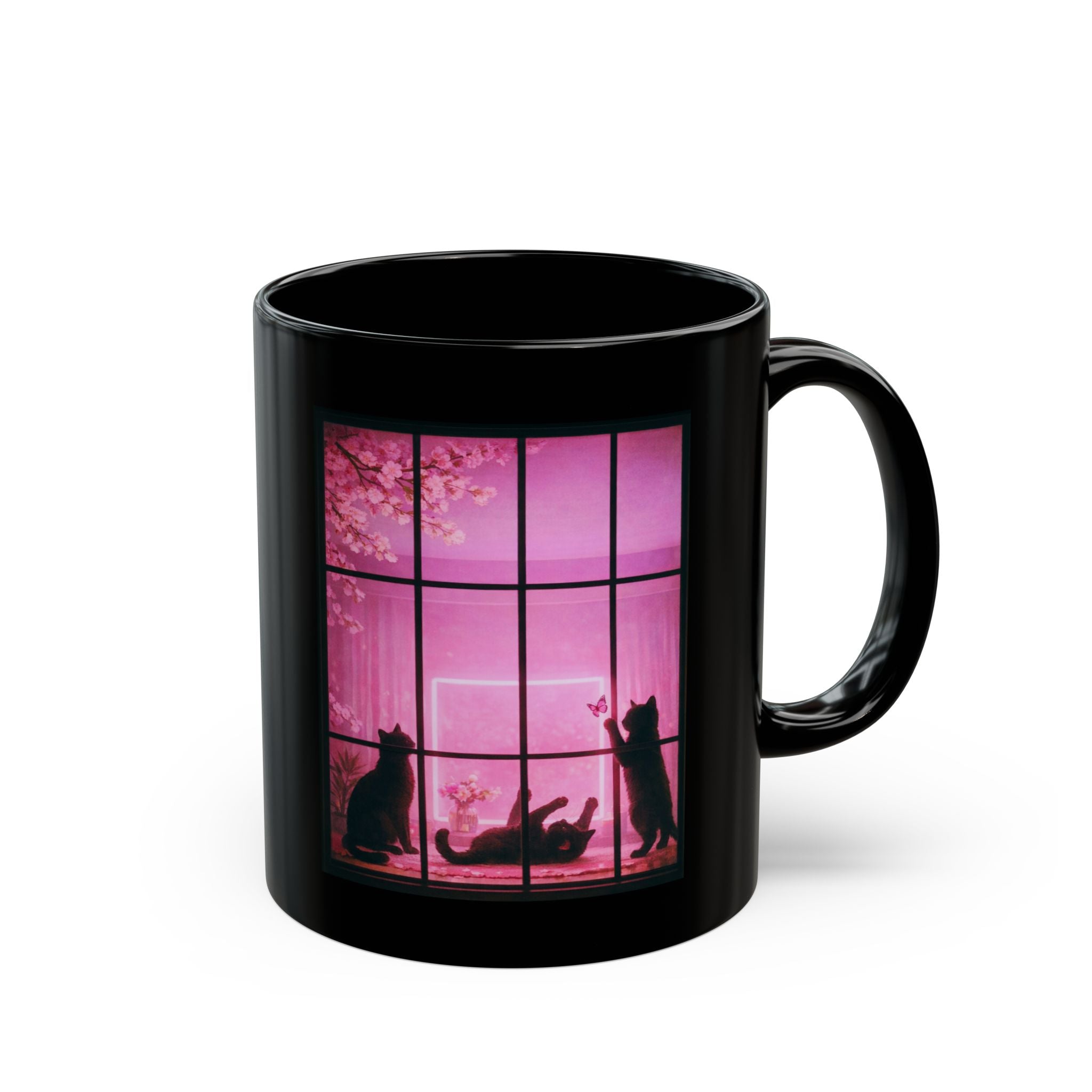 Black Cat Pink Window Coffee Mug